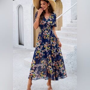 NWOT Floral Navy Maxi Dress with Smocked Waist Medium